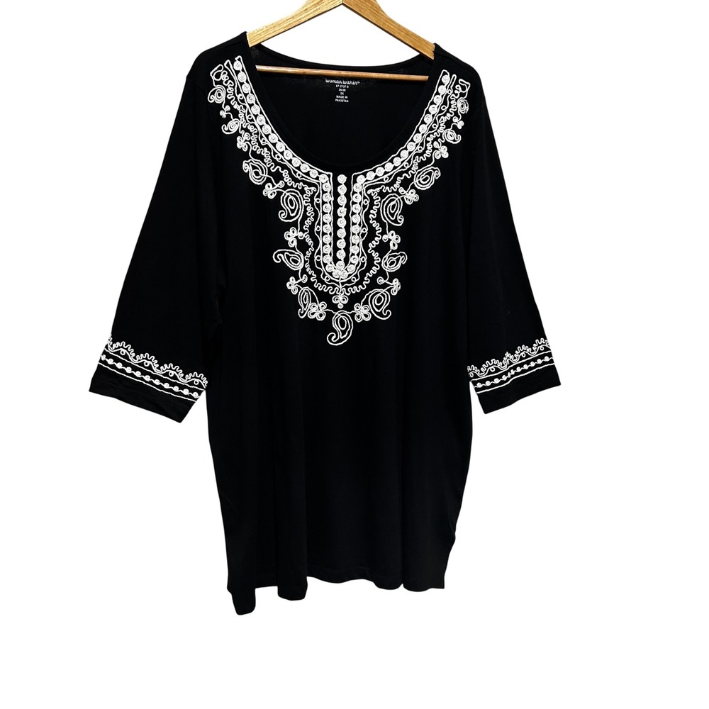 Woman‎ Within Boho Peasant Tunic Top 2X Black White Embroidered Cottage Artsy